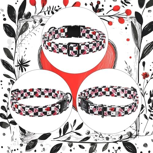 Valentines Dog Collar for Puppy Small Dogs - Unique Black White Plaid Girl Boy Valentine Heart Dog Collars, Adjustable Heavy Duty Pet Collar with Metal Buckle XS