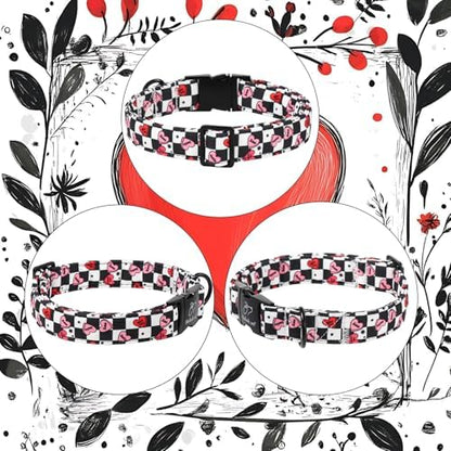 Valentines Dog Collar for Puppy Small Dogs - Unique Black White Plaid Girl Boy Valentine Heart Dog Collars, Adjustable Heavy Duty Pet Collar with Metal Buckle XS
