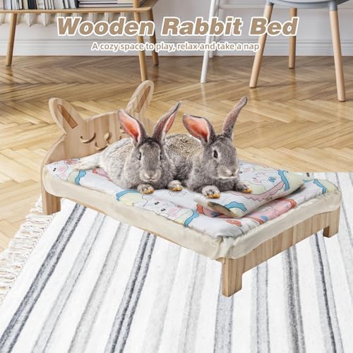 Large Wooden Bunny Bed, 2-in-1 Rabbit Bed with Pillow and Mat