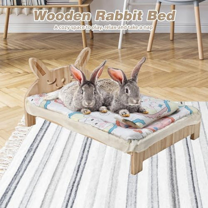 Large Wooden Bunny Bed, 2-in-1 Rabbit Bed with Pillow and Mat