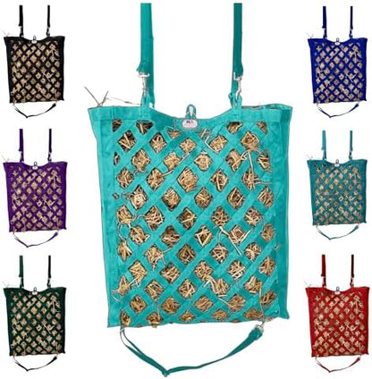 Majestic Ally Premium Nylon Hay Bag for Horses and Livestock, Simulates Grazing, Slow Feeding, Heavy-Duty PP Webbing,Quick-Adjust Straps, Small Hole for Digestion, Multiple Colors (Turquoise)