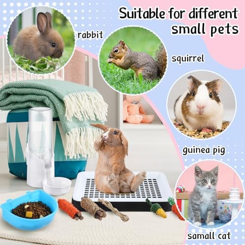 19 Pcs Rabbit Starter Kit Small Bunny Litter Box Rabbit Grooming Kit Water Bottle Bunny Toys Hay Feeder Bowl Blankets with Cleaning Set for Guinea Pig Accessories(Black,Cloud)