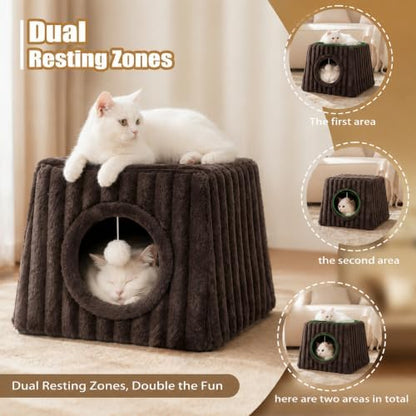 Dogpals Cat Cave House 18.5"" x15.4 x15.4 XL with Fluffy Balls (Coffee)