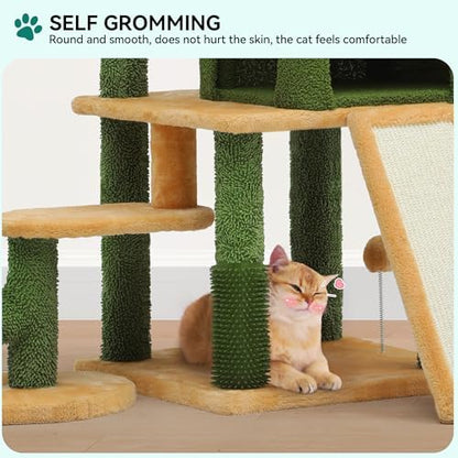 YITAHOME Tall Cactus Cat Tree Tower with Self-Grooming Brush, 60in Cute Cat Climbing Tower for Indoor Cats with Cat Condo, Top Perch, Basktet, Sisal Scratching Posts and Board, Dangling,Ball