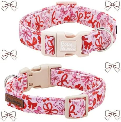 Dog Collars, Pink Bow Print Cotton Collar Adjustable Light Plastic Buckle Collar with Bow Pet Collar Gift for Large Dogs