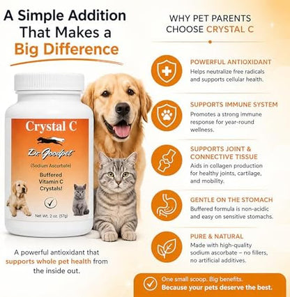 Crystal-C by Dr. Goodpet | Buffered Vitamin C Powder for Dogs and Cats, Ascorbate for Immune System Support, Stress Defense, Gum Care & Oral Health | Gentle for Digestion, Natural Pet Supplement
