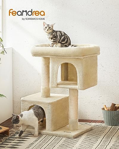 Feandrea Cat Tree, 33.1-Inch Cute Cat Tower, Plush Kitten Condo, Beige