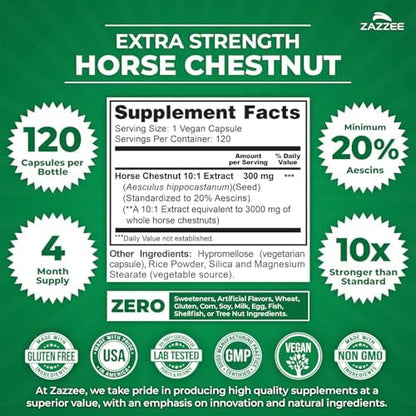 Zazzee Extra Strength Horse Chestnut 10:1 Extract, 20% Aescins, Vegan