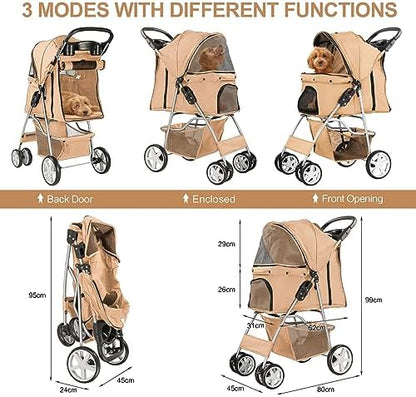 4-Wheel Pet Stroller for Small Dogs and Cats, Up to 33 lb, Beige