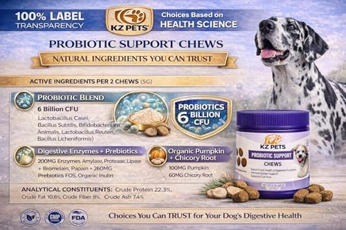 Probiotic Support Chews for Dogs – 6 Billion CFU 5-Strain Dog Probiotic with Prebiotics & Digestive Enzymes – Gut Health, Digestive Support & Immune Support Supplement – 100 Soft Chews