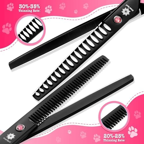 Dream Reach Dog Grooming Scissors - 7" Professional 6 in 1 Sharp Dog Shears Set Thinning, Chunker, Straight, Curved Shears and Comb for Dog Cat Pet, Pink