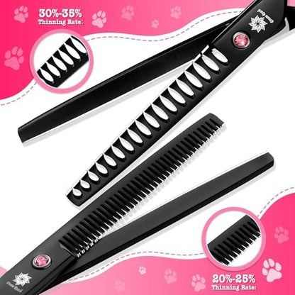 Dream Reach Dog Grooming Scissors - 7" Professional 6 in 1 Sharp Dog Shears Set Thinning, Chunker, Straight, Curved Shears and Comb for Dog Cat Pet, Pink