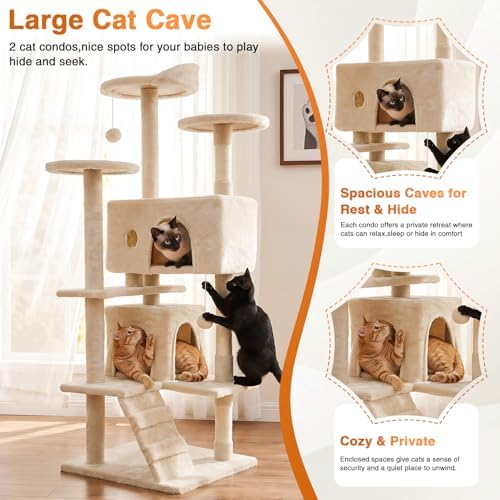 FDW | 54" Cat Tree Tower | Beige | Multi-Level Indoor Activity Center