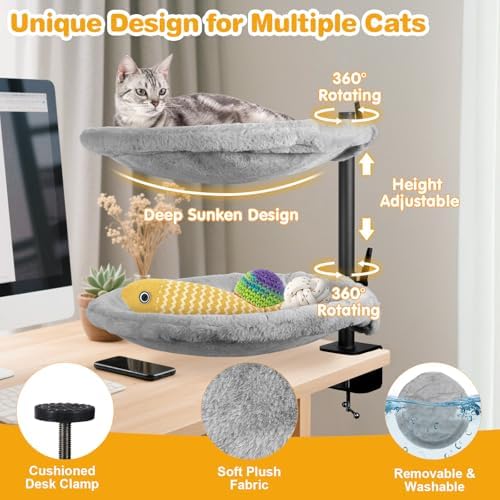 Double Cat Desk Bed - 2 Large Layers Cat beds with 360° Rotating & Adjustable Height, 16.5 inch Kitten Nest for Desktop with 2 Washable Soft Covers, Kitten Hammock Bed Mount for Home Office Grey