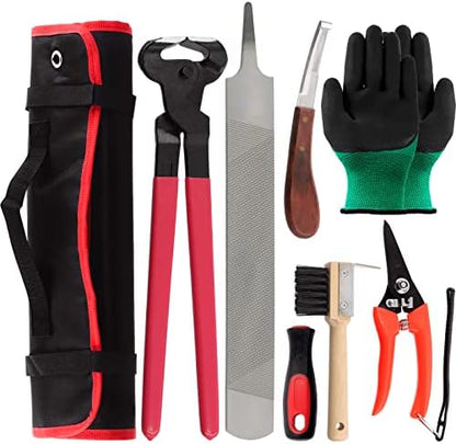 Swpeet 8Pcs Professional Farrier Tools Value Kit with Roll Pack, Horses Hoof Trimmers Shears Tools, Hoof Cutter, Farrier Rasp File and Rubber Handle, Hoof Nipper, Horseshoe Brush, Hoof Knife