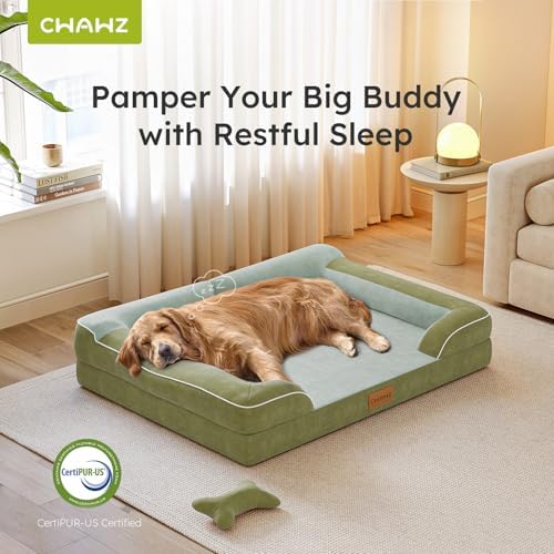 CWAWZ Dog Beds for Large Dogs, Orthopedic Dog Bed with Cooling Gel Memory Foam, Waterproof Large Pet Bed with Removable Washable Cover, 36" Pet Sofa Couch Dutch Velvet with Bone Toy, Dark Green
