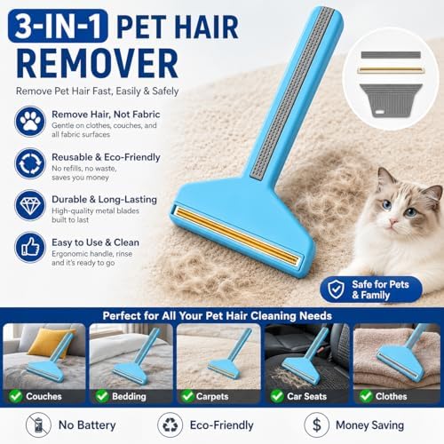 3-in-1 Pet Hair Removers, Carpet Rake for Dog Cat Fur Lint Clean Scraper