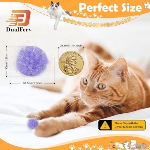 DF DUALFERV 60 Pcs Cat Pom Pom Balls, Interactive Cat Toys, Sparkle Balls for Cats, Extra Large and Fuzzy for Exercise and Entertainment, Multicolor, 1.5 Inch
