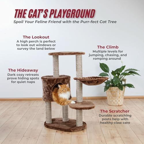 TRIXIE Moriles Brown Cat Tower with Scratching Posts, Condo, Hammock, Padded Platform, cream, Medium (17 x 24 x 39 in.)