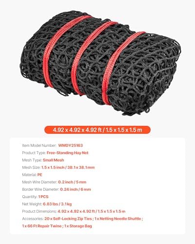 VEVOR Round Bale Hay Net, 4.92 x 4.92 x 4.92 ft, 1.5 inch Holes, PE Material, Knotless Design, with Zip Ties, Needle Shuttle, Repair Twine and Storage Bag, Slow Feeder Round Bale Net for Horses