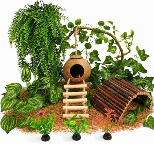 RUNANIA Crested Gecko Tank Accessories，Reptile Vines Plants with Coconut Shell Ladder Hideout Hermit Crab Decor for Leopard Gecko Lizard Chameleon Tortoise Snake Terrarium Decor