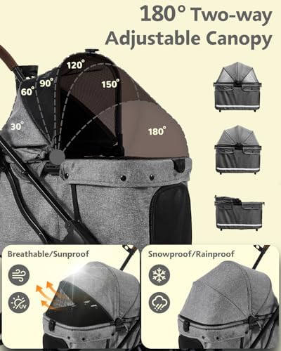 Dog Stroller with Waterproof Rain Cover, Heavy-Duty All-Terrain 4-Wheel Pet Stroller with Adjustable Sunshade Canopy, Foldable Travel Dog Strollers for Small/Medium Dogs Up to 121 lbs