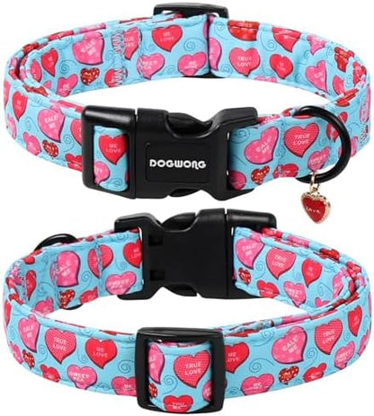DOGWONG Valentine's Day Dog Collar-Cute Blue Heart Pattern Dog Collars, Adjustable Valentine Heart Pet Collars Puppy Collar with Quick Release Buckle for Girl&Boy Dogs,XS