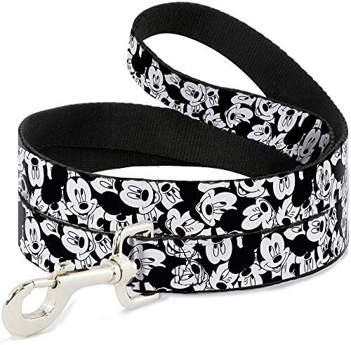 Buckle-Down Pet Leash - Mickey Mouse Expressions Stacked White/Black - 4 Feet Long - 1" Wide