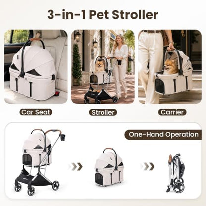 T3 Pro Pet Stroller for Small Dog & Cats up to 44 lbs (Beige)
