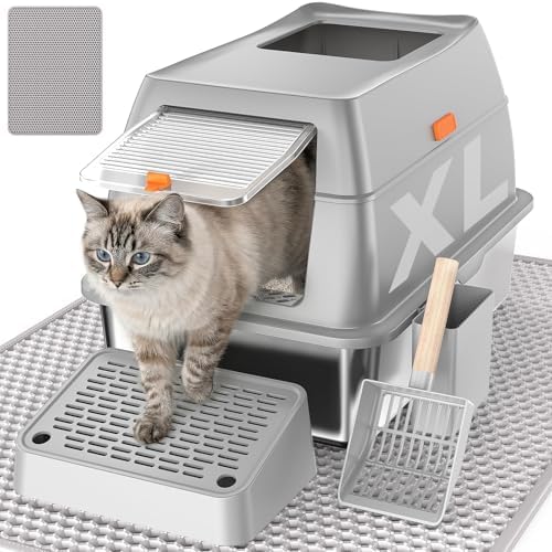 Stainless Steel Litter Box with Lid, Extra Large Enclosed Cat Litter Pan for Big Cats, High Sided Metal Litter Box with Enclosure, Front & Top Entry, Easy Clean, Anti-Leakage, Includes Scoop，Grey