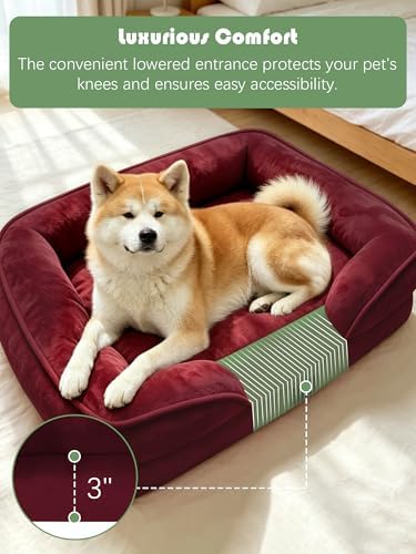 Spotted Play Orthopedic Dog Bed with Sides - Sofa Beds for Extra Large Dogs, Supportive Foam Pet Couch Bed with Washable Removable Cover, Waterproof Lining and Non-Slip Bottom, Burgundy - XL-Plus
