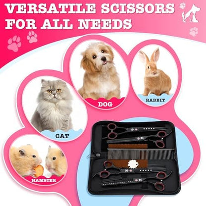 Dream Reach Dog Grooming Scissors - 7" Professional 6 in 1 Sharp Dog Shears Set Thinning, Chunker, Straight, Curved Shears and Comb for Dog Cat Pet, Pink