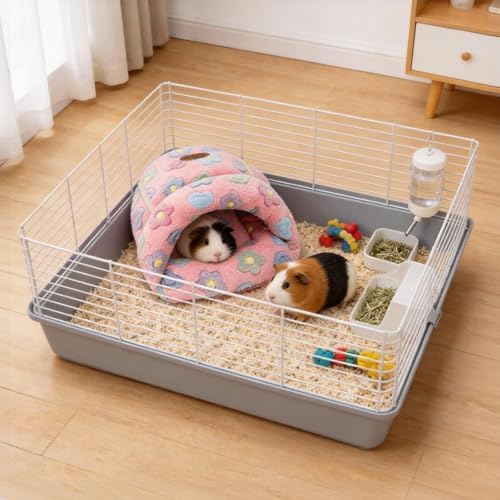 YUEPET Guinea Pig Bed Cuddle Cave, Warm Fleece Hideout, Pink Flower