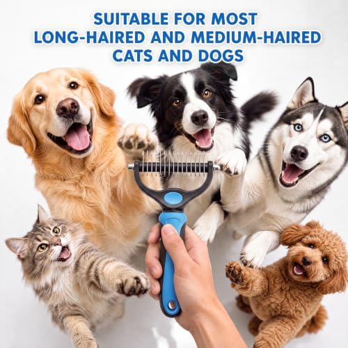 Pet Pro Grooming Tool for Dogs & Cats - Double Sided Deshedding Brush Undercoat Rake Dematting Comb, Reduces Shedding & Detangles Matted Fur(Blue-Large)