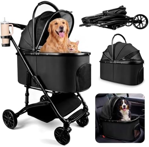 Heavy Duty Pet Stroller, 3-in-1 Dog & Cat Stroller with Detachable Carrier & Car Seat, 132 lbs Capacity for 1 Large/2 Medium Pets, Aluminum Alloy Frame, Shock Absorption, One-Touch Dual Brake, Black