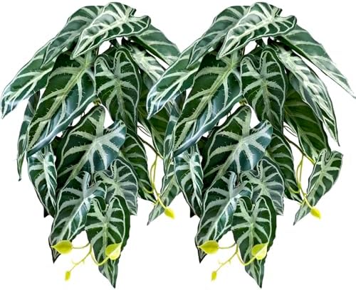 Woyrise 2 Pack Reptile Plants, Terrarium Hanging Plant Vines, Artificial Leaves with Suction Cup, Bearded Dragon Tank Accessories for Gecko Lizard Snake Frog Tortoise Decorations - Alocasia Velvet