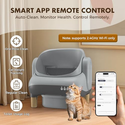 GTPLAYER Self Cleaning Litter Box, Open Top Cat Automatic Litter Box - APP Control and Weight Monitoring, Safety Sensors Protection, Ultra-Quiet, Odor Control, Includes Trash Bag& Scrub Brush, Gray