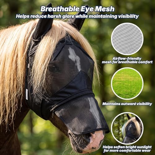 Horse Fly Mask with Ears & Detachab Nose Cover, Medium