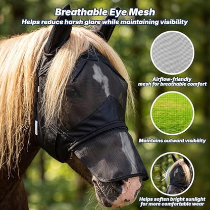 Horse Fly Mask with Ears & Detachab Nose Cover, Medium