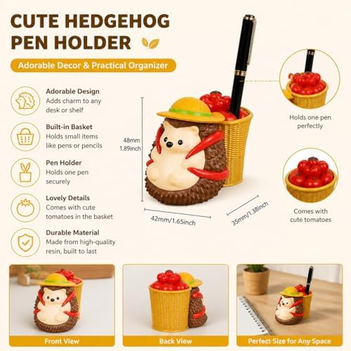 Brown Hedgehog Pen Holder & Desk Figurine with Removable Tomato
