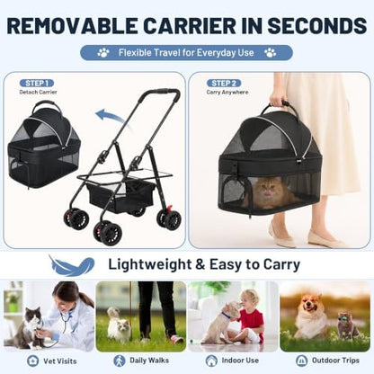 Dog Stroller for Small Dogs, Foldable Pet Stroller up to 35 lb, Panoramic Mesh Pet Cat Stroller with Detachable Carrier, with Safety Tether, Puppy Doggie Stroller for Medium Dogs 20 lbs, Light Black