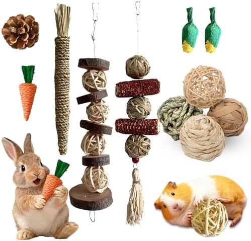 Rabbit Toys Bunny chew/Premium Guinea Pig Toys Natural Material Timothy Hay Sticks Apple Wood Sticks Handmade for Guinea Pig Hamster Rat Chinchilla