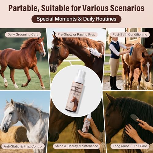 Equine Essential Oil Spray – Olive & Jojoba Blend for Silky Mane & Tail | Smooths, Detangles & Adds Natural Shine | for Horses & Dogs, 3.38 oz