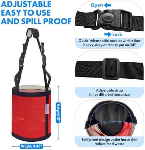 Horse Feed Bag Pack of 2 (Reinforced Bottom Edging), Feed Bags for Horses with Ventilation Mesh, Comfort Nose Pad Neck Pad, Adjustable Strap, Spill Proof Design for Feeding Grain, Supplements