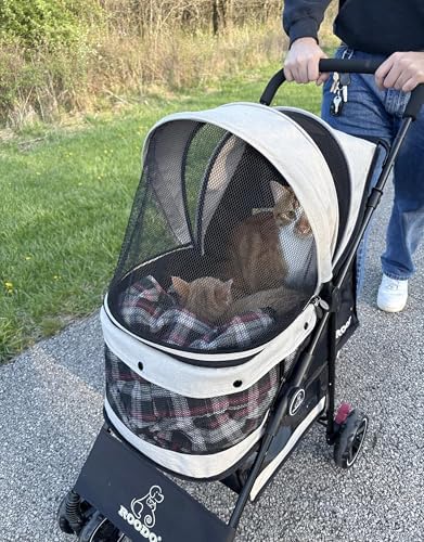 ROODO 4 Wheel Dog Cat Pet Stroller Best Lightweight Foldable Compact Portable Jogger All Terrain Travel Pet Gear Puppy Doggie Bunny Kitty Stroller for up to 30lbs Medium Small Dogs Cats(Light Khaki)