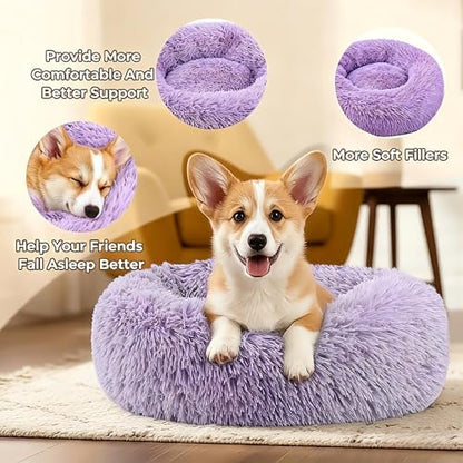 Calming Donut Dog and Cat Bed for Indoor Cats, Anti-Anxiety Round Fluffy Soft Washable Small Pet Bed for Puppy and Kitten, Warming Comfortable Luxury Anti-Slip Waterproof Mute Base 20in Purple