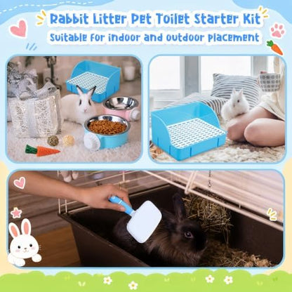 Reallnaive 15 Pcs Rabbit Starter Kit Small Rabbit Litter Box Girls Gift Animal Grooming Kit Bunny Toys Bowl Blankets with Cleaning Set for Guinea Pig Accessories(Bright Blue)
