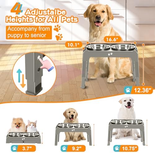 Elevated Bowls, 4 Height Adjustable Raised Stand With 2 Thick 50oz Stainless Steel Food Bowls, Non-Slip Feeder for Dogs, Adjusts to 3.7", 9.2", 10.75", 12.36" Light Brownish Gray