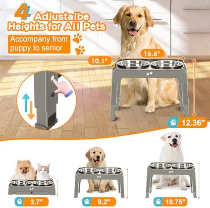 Elevated Bowls, 4 Height Adjustable Raised Stand With 2 Thick 50oz Stainless Steel Food Bowls, Non-Slip Feeder for Dogs, Adjusts to 3.7", 9.2", 10.75", 12.36" Light Brownish Gray