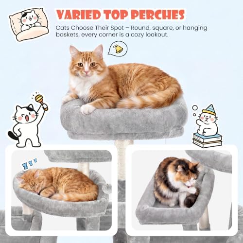 SHA CERLIN 83 in Cat Tree Tower for Indoor Adult Felines 20lbs+/Multi-Level Heavy Duty Cat Tower for Big Maine Coon/Giant Perches/Wide Baseboard/Sisal Scratching Posts/Cozy Condos/Light Grey
